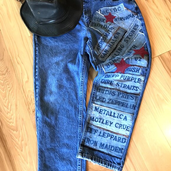 Women’s Patchwork Jeans, Size 16P: 1980s Rock Band Patches, Retro Hippie Pants - Picture 8 of 11